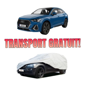 Husa tip prelata auto AUDI Q3 Sportback (F3N) din 2019-2021, Culoare Gri, material textil impermeabil, rezistanta la intemperii praf UV, CARPASSION Husa Protectie, 4 Stickere auto cu AUDI