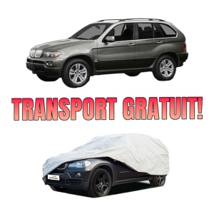 Husa tip prelata auto BMW X5 (E53) din 2000-2006, Culoare Gri, material textil impermeabil, rezistanta la intemperii praf UV, CARPASSION Husa Protectie, 4 Stickere auto cu BMW