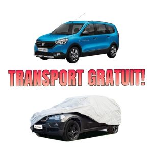 Husa tip prelata auto DACIA LODGY (JS_) din 2012-2019, Culoare Gri, material textil impermeabil, rezistanta la intemperii praf UV, CARPASSION Husa Protectie, 4 Stickere auto cu DACIA