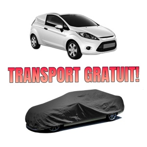 Husa tip prelata auto FORD FIESTA VI Van din 2009-2017, Culoare Negru, material textil impermeabil, rezistanta la intemperii praf UV, CARPASSION Husa Protectie, 4 Stickere auto cu FORD