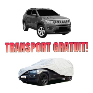 Husa tip prelata auto JEEP COMPASS (MP, M6, MV, M7) din 2017-2022, Culoare Gri, material textil impermeabil, rezistanta la intemperii praf UV, CARPASSION Husa Protectie, 4 Stickere auto cu JEEP