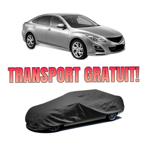 Husa tip prelata auto MAZDA 6 Saloon (GH) din 2007-2013, Culoare Negru, material textil impermeabil, rezistanta la intemperii praf UV, CARPASSION Husa Protectie, 4 Stickere auto cu MAZDA