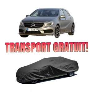 Husa tip prelata auto MERCEDES-BENZ A-CLASS (W176) din 2012-2018, Culoare Negru, material textil impermeabil, rezistanta la intemperii praf UV, CARPASSION Husa Protectie, 4 Stickere auto cu MERCEDES-BENZ