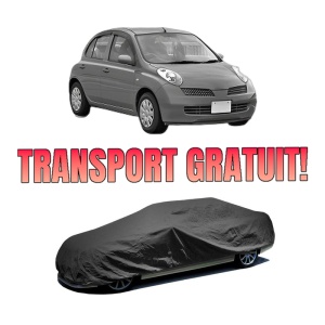 Husa tip prelata auto NISSAN MICRA III (K12) din 2002-2010, Culoare Negru, material textil impermeabil, rezistanta la intemperii praf UV, CARPASSION Husa Protectie, 4 Stickere auto cu NISSAN
