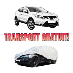 Husa tip prelata auto NISSAN QASHQAI II (J11, J11_) din 2013-2020, Culoare Gri, material textil impermeabil, rezistanta la intemperii praf UV, CARPASSION Husa Protectie, 4 Stickere auto cu NISSAN