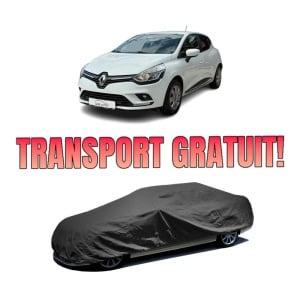 Husa tip prelata auto RENAULT CLIO V (B7_) din 2019-2022, Culoare Negru, material textil impermeabil, rezistanta la intemperii praf UV, CARPASSION Husa Protectie, 4 Stickere auto cu RENAULT