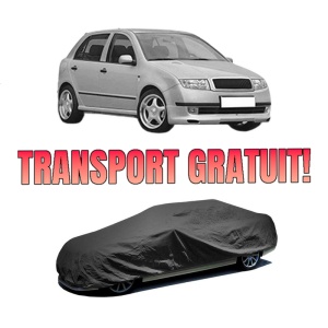 Husa tip prelata auto SKODA FABIA I (6Y2) din 1999-2008, Culoare Negru, material textil impermeabil, rezistanta la intemperii praf UV, CARPASSION Husa Protectie, 4 Stickere auto cu SKODA
