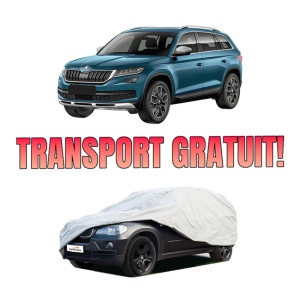 Husa tip prelata auto SKODA KODIAQ I (NS6, NS7, NV7) din 2016-2021, Culoare Gri, material textil impermeabil, rezistanta la intemperii praf UV, CARPASSION Husa Protectie, 4 Stickere auto cu SKODA
