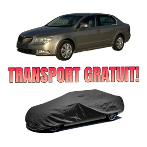 Husa tip prelata auto SKODA SUPERB II Estate (3T5) din 2009-2015, Culoare Negru, material textil impermeabil, rezistanta la intemperii praf UV, CARPASSION Husa Protectie, 4 Stickere auto cu SKODA