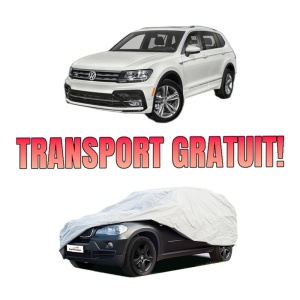 Husa tip prelata auto Volskwagen TIGUAN (AD1, AX1) din 2016-2024, Culoare Gri, material textil impermeabil, rezistanta la intemperii praf UV, CARPASSION Husa Protectie, 4 Stickere auto cu Volskwagen