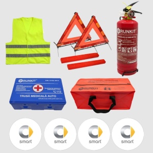 Kit siguranta auto Cri-Flo, Omologat R.A.R, Valabilitate 5 ani, 1x Trusa Prim Ajutor, 2 x Triunghiuri, 1x Stingator tip Spray, 1x Vesta reflectorizanta, Geanta pentru depozitare, 4 Stickere auto cu Smart - Img 2