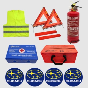 Kit siguranta auto Cri-Flo, Omologat R.A.R, Valabilitate 5 ani, 1x Trusa Prim Ajutor, 2 x Triunghiuri, 1x Stingator tip Spray, 1x Vesta reflectorizanta, Geanta pentru depozitare, 4 Stickere auto cu Subaru - Img 2