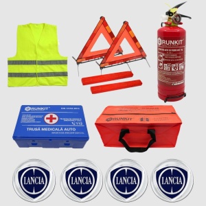 Kit siguranta auto Cri-Flo, Omologat R.A.R, Valabilitate 5 ani, 1x Trusa Prim Ajutor, 2 x Triunghiuri, 1x Stingator tip Spray, 1x Vesta reflectorizanta, Geanta pentru depozitare, 4 Stickere auto cu Lancia - Img 2