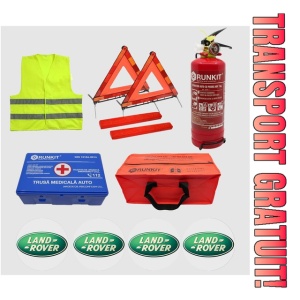 Kit siguranta auto Cri-Flo, Omologat R.A.R, Valabilitate 5 ani, 1x Trusa Prim Ajutor, 2 x Triunghiuri, 1x Stingator tip Spray, 1x Vesta reflectorizanta, Geanta pentru depozitare, 4 Stickere auto cu Land-Rover