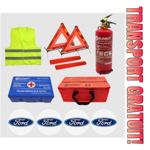 Kit siguranta auto Cri-Flo, Omologat R.A.R, Valabilitate 5 ani, 1x Trusa Prim Ajutor, 2 x Triunghiuri, 1x Stingator tip Spray, 1x Vesta reflectorizanta, Geanta pentru depozitare, 4 Stickere auto cu Ford