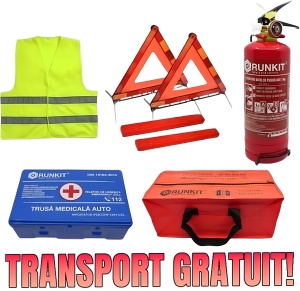 Kit siguranta rutiera auto Valabilitate 5 ani, 1x Trusa Prim Ajutor, 2 x Triunghiuri, 1x Stingator tip Spray, 1x Vesta reflectorizanta, Geanta pentru depozitare, Omologat R.A.R, SETRUTIERA