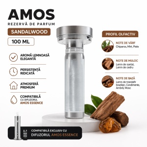 Rezervă Parfum AMOS Sandalwood 100ml, Compatibilă cu Difuzor Amos Essence, Aromă Lemnoasă Premium, Persistență Îndelungată, Pentru Casă, Birou, Hotel