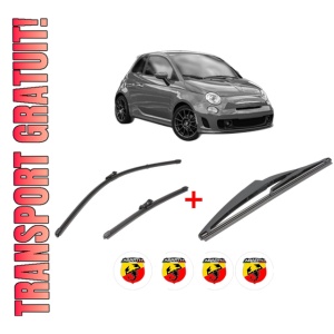 Set 3 stergatoare ABARTH 500 / 595 / 695 din 2008, pentru parbriz si luneta fata si spate auto, Valeo Silencio, din cauciuc siliconat rezistent, 4 Stickere Auto ABARTH