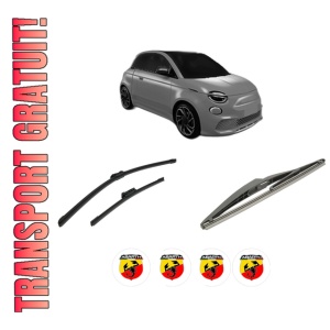 Set 3 stergatoare ABARTH 500E Hatchback (332_) din 2023, pentru parbriz si luneta fata si spate auto, Bosch Twin-Aerotwin, din cauciuc siliconat rezistent, 4 Stickere Auto ABARTH