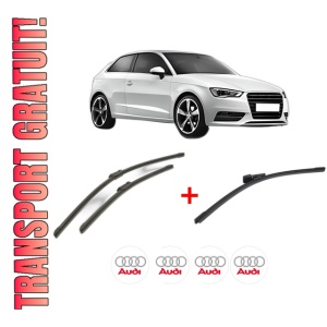 Set 3 stergatoare AUDI A3 (8V1, 8VK) din 2012 - 2020, pentru parbriz si luneta fata si spate auto, Bosch Aerotwin, din cauciuc siliconat rezistent, 4 Stickere Auto AUDI