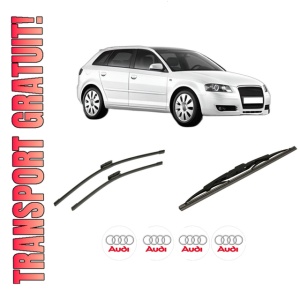 Set 3 stergatoare AUDI A3 Sportback (8PA) din 2004-2013, pentru parbriz si luneta fata si spate auto, Bosch Twin-Aerotwin Multi, din cauciuc siliconat rezistent, 4 Stickere Auto AUDI