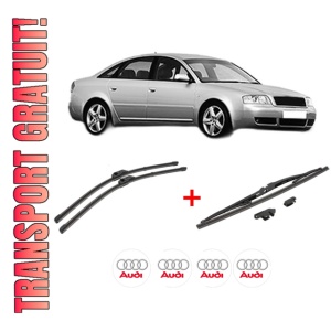 Set 3 stergatoare AUDI A6 C5 (4B2, 4B4) din 1999 - 2005, pentru parbriz si luneta fata si spate auto, Valeo Silencio, din cauciuc siliconat rezistent, 4 Stickere Auto AUDI - Img 1