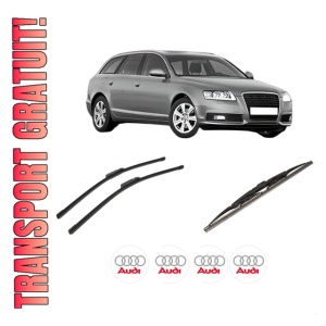 Set 3 stergatoare AUDI A6 C6 Avant (4F5) din 2004-2011, pentru parbriz si luneta fata si spate auto, Bosch Twin-Aerotwin, din cauciuc siliconat rezistent, 4 Stickere Auto AUDI