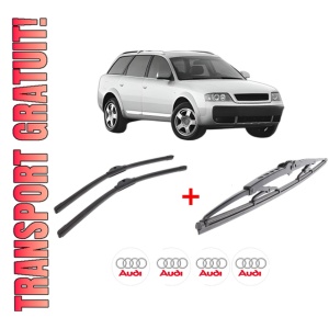 Set 3 stergatoare AUDI ALLROAD C5 (4BH) din 2000 - 2005, pentru parbriz si luneta fata si spate auto, Bosch Twin, din cauciuc siliconat rezistent, 4 Stickere Auto AUDI