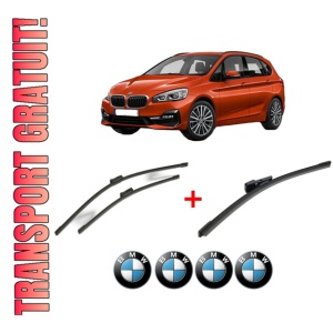 Set 3 stergatoare BMW Seria 2 Gran Tourer (F46) din 2014 - 2018, pentru parbriz si luneta fata si spate auto, Bosch Aerotwin, din cauciuc siliconat rezistent, 4 Stickere Auto BMW