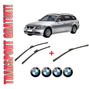 Set 3 stergatoare BMW Seria 3 Touring (E91) din 2004 - 2012, pentru parbriz si luneta fata si spate auto, Bosch Aerotwin, din cauciuc siliconat rezistent, 4 Stickere Auto BMW