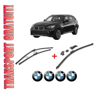 Set 3 stergatoare BMW Seria X1 (E84) din 2009 - 2015, pentru parbriz si luneta fata si spate auto, Valeo HydroConnect, din cauciuc siliconat rezistent, 4 Stickere Auto BMW