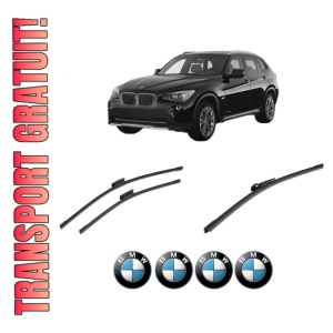 Set 3 stergatoare BMW Seria X1 (E84) din 2009-2015, pentru parbriz si luneta fata si spate auto, Bosch Aerotwin-Aerotwin Multi, din cauciuc siliconat rezistent, 4 Stickere Auto BMW