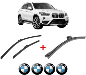 Set 3 stergatoare BMW Seria X1 Van (F48) din 2015 - 2022, pentru parbriz si luneta fata si spate auto, Bosch Aerotwin, din cauciuc siliconat rezistent, 4 Stickere Auto BMW v5531