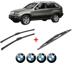 Set 3 stergatoare BMW Seria X5 (E53) din 2000 - 2006, pentru parbriz si luneta fata si spate auto, Bosch Twin, din cauciuc siliconat rezistent, 4 Stickere Auto BMW v9731