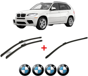Set 3 stergatoare BMW Seria X5 (E70) din 2006 - 2013, pentru parbriz si luneta fata si spate auto, Bosch Aerotwin, din cauciuc siliconat rezistent, 4 Stickere Auto BMW v7151