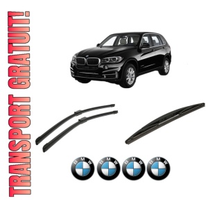Set 3 stergatoare BMW Seria X5 (F15, F85) din 2013-2018, pentru parbriz si luneta fata si spate auto, Bosch Twin-Aerotwin, din cauciuc siliconat rezistent, 4 Stickere Auto BMW
