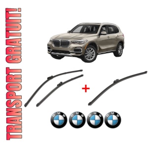 Set 3 stergatoare BMW Seria X5 (G05, F95) din 2018 - 2023, pentru parbriz si luneta fata si spate auto, Valeo Silencio Xtrm, din cauciuc siliconat rezistent, 4 Stickere Auto BMW