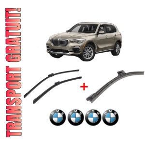 Set 3 stergatoare BMW Seria X5 (G05, F95) din 2018 - 2023, pentru parbriz si luneta fata si spate auto, Bosch Aerotwin, din cauciuc siliconat rezistent, 4 Stickere Auto BMW
