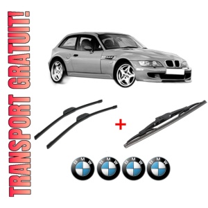 Set 3 stergatoare BMW Seria Z3 Coupe (E36) din 1998 - 2003, pentru parbriz si luneta fata si spate auto, Bosch Twin, din cauciuc siliconat rezistent, 4 Stickere Auto BMW