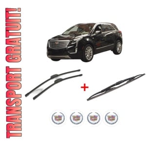 Set 3 stergatoare CADILLAC XT5 din 2016, pentru parbriz si luneta fata si spate auto, Bosch Twin, din cauciuc siliconat rezistent, 4 Stickere Auto CADILLAC