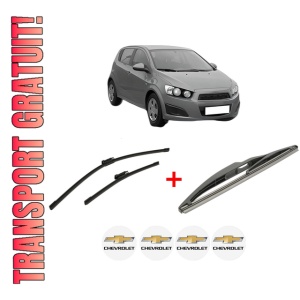 Set 3 stergatoare CHEVROLET AVEO Hatchback (T300) din 2011 - 2015, pentru parbriz si luneta fata si spate auto, Bosch Twin, din cauciuc siliconat rezistent, 4 Stickere Auto CHEVROLET