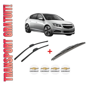 Set 3 stergatoare CHEVROLET CRUZE Hatchback (J305) din 2011 - 2015, pentru parbriz si luneta fata si spate auto, Bosch Twin, din cauciuc siliconat rezistent, 4 Stickere Auto CHEVROLET