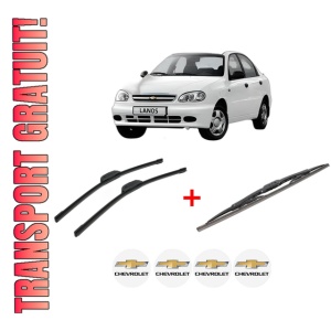Set 3 stergatoare CHEVROLET LANOS Saloon din 2005 - 2018, pentru parbriz si luneta fata si spate auto, Bosch Twin, din cauciuc siliconat rezistent, 4 Stickere Auto CHEVROLET