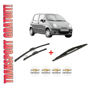 Set 3 stergatoare CHEVROLET MATIZ (M200, M250) din 2005 - 2013, pentru parbriz si luneta fata si spate auto, Bosch Twin, din cauciuc siliconat rezistent, 4 Stickere Auto CHEVROLET