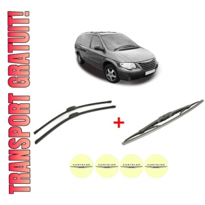 Set 3 stergatoare CHRYSLER GRAND VOYAGER / VOYAGER IV (RG, RS) din 2000 - 2008, pentru parbriz si luneta fata si spate auto, Bosch Twin, din cauciuc siliconat rezistent, 4 Stickere Auto CHRYSLER