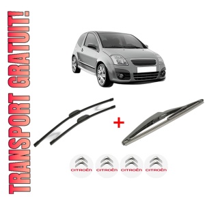 Set 3 stergatoare CITROEN C2 (JM_) din 2003 - 2012, pentru parbriz si luneta fata si spate auto, Bosch Twin, din cauciuc siliconat rezistent, 4 Stickere Auto CITROEN