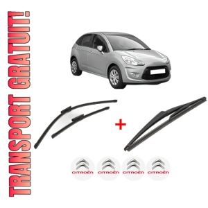 Set 3 stergatoare CITROEN C3 II (SC_) din 2009 - 2016, pentru parbriz si luneta fata si spate auto, Valeo Silencio, din cauciuc siliconat rezistent, 4 Stickere Auto CITROEN