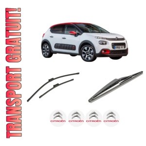 Set 3 stergatoare CITROEN C3 III (SX) din 2016-2018, pentru parbriz si luneta fata si spate auto, Bosch Twin-Aerotwin, din cauciuc siliconat rezistent, 4 Stickere Auto CITROEN