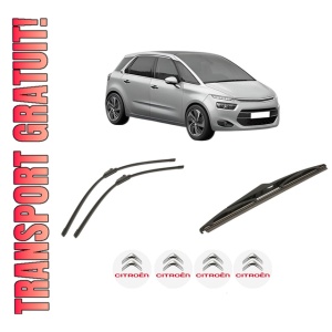 Set 3 stergatoare CITROEN C4 GRAND PICASSO II (DA_, DE_) din 2013-2018, pentru parbriz si luneta fata si spate auto, Bosch Twin-Aerotwin, din cauciuc siliconat rezistent, 4 Stickere Auto CITROEN