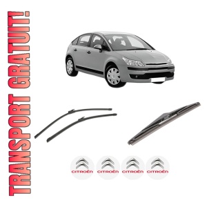 Set 3 stergatoare CITROEN C4 I (LC_) din 2004-2012, pentru parbriz si luneta fata si spate auto, Bosch Twin-Aerotwin, din cauciuc siliconat rezistent, 4 Stickere Auto CITROEN